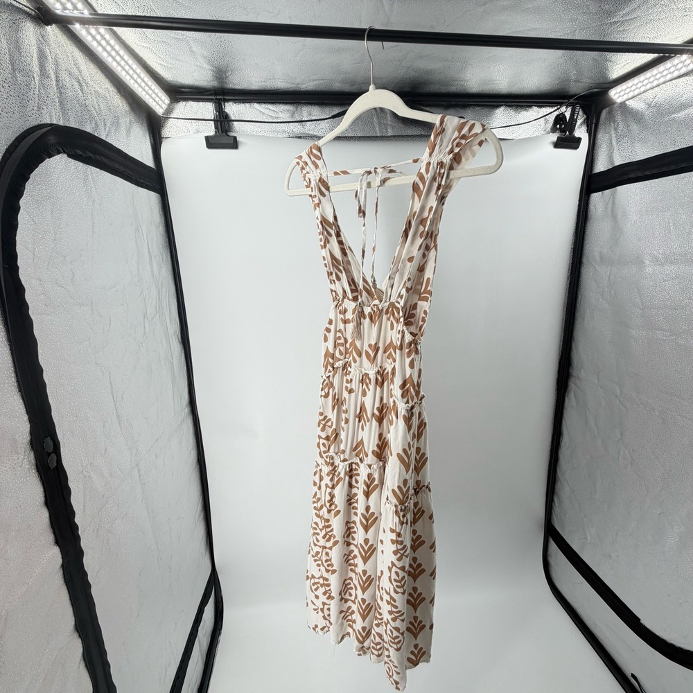 Salty Lemon Boho Tiered Midi‎ Dress V-Neck Tassel Tie Back M Flowy Tan Cream - Picture 3 of 6